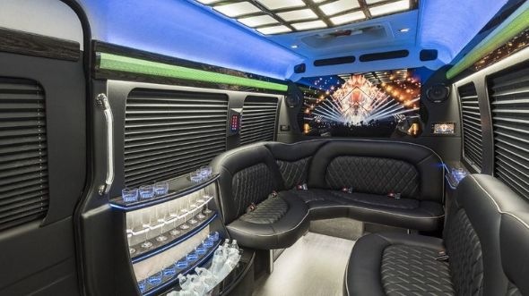Interior of Charter Bus Company Burlington's Sprinter Limo in Burlington